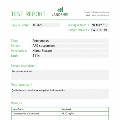 Labortestberichte Methandienone (Dbol). Hersteller: Hilma Biocare 10 mg/Tab