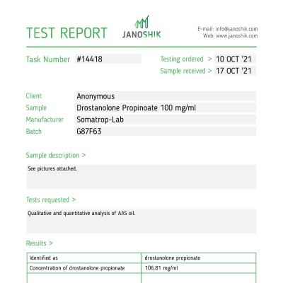 Propionato de drostanolona (Masteron) Fabricante: Somatrop-Lab Paquete: 10 ml / vial (100 mg/ml)