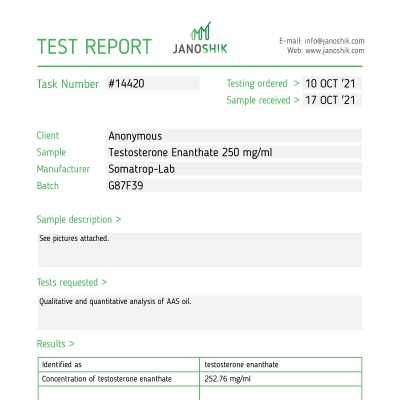 Enantato de testosterona Fabricante: Somatrop-Lab Paquete: 10 ml / vial (250 mg/ml)