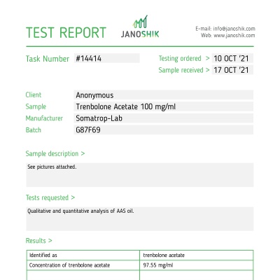 Trenbolonacetat Hersteller: Somatrop-Lab Packung: 10 ml / Fläschchen (100 mg/ml)