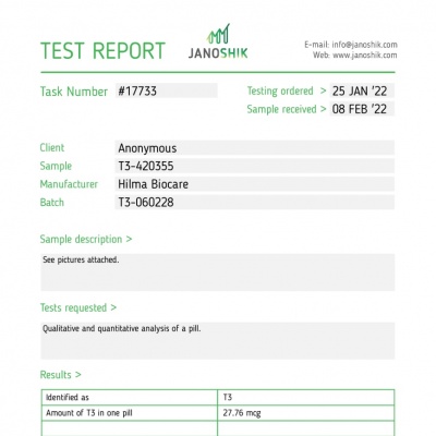 T3 ( Liothyronine Sodium ) Manufacturer: Hilma Biocare Pack: 50 tabs/bottle ( 25 mcg/tab )