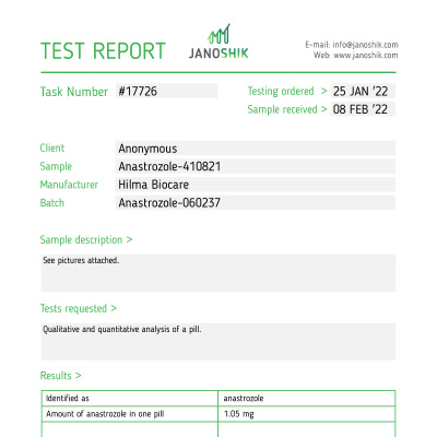 Anastrozol (Arimidex) Fabricante: Hilma Biocare Paquete: 50 pestañas / botella (1mg / pestaña)