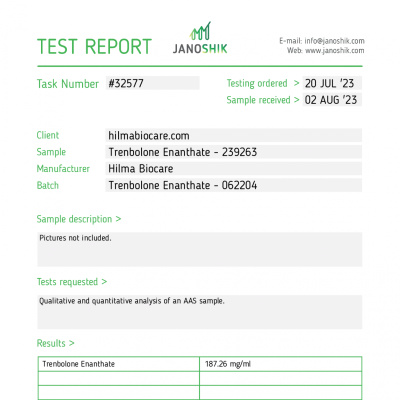 Trenbolone Enanthate Manufacturer: Hilma Biocare Pack: 10 ml/vial ( 200 mg/ml )