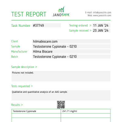 Testosterone Cypionate Manufacturer: Hilma Biocare Pack: 10 ml/vial ( 250 mg/ml )