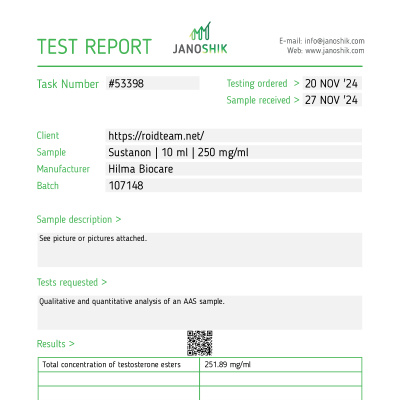 Sustanon ( Testosterone Mix ) Manufacturer: Hilma Biocare Pack: 10 ml/vial ( 250 mg/ml )