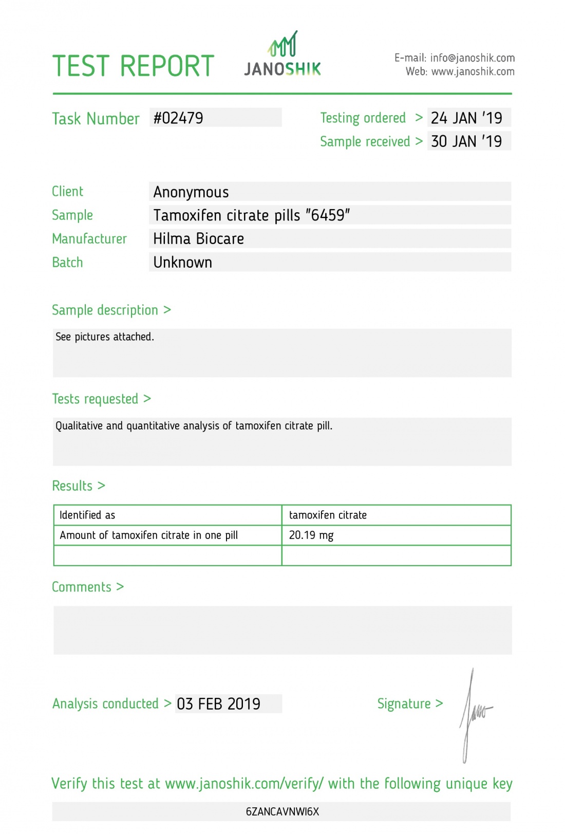 Tamoxifen Citrate ( Nolvadex ) Manufacturer: Hilma Biocare Pack: 50 tabs/bottle ( 20 mg/tab )