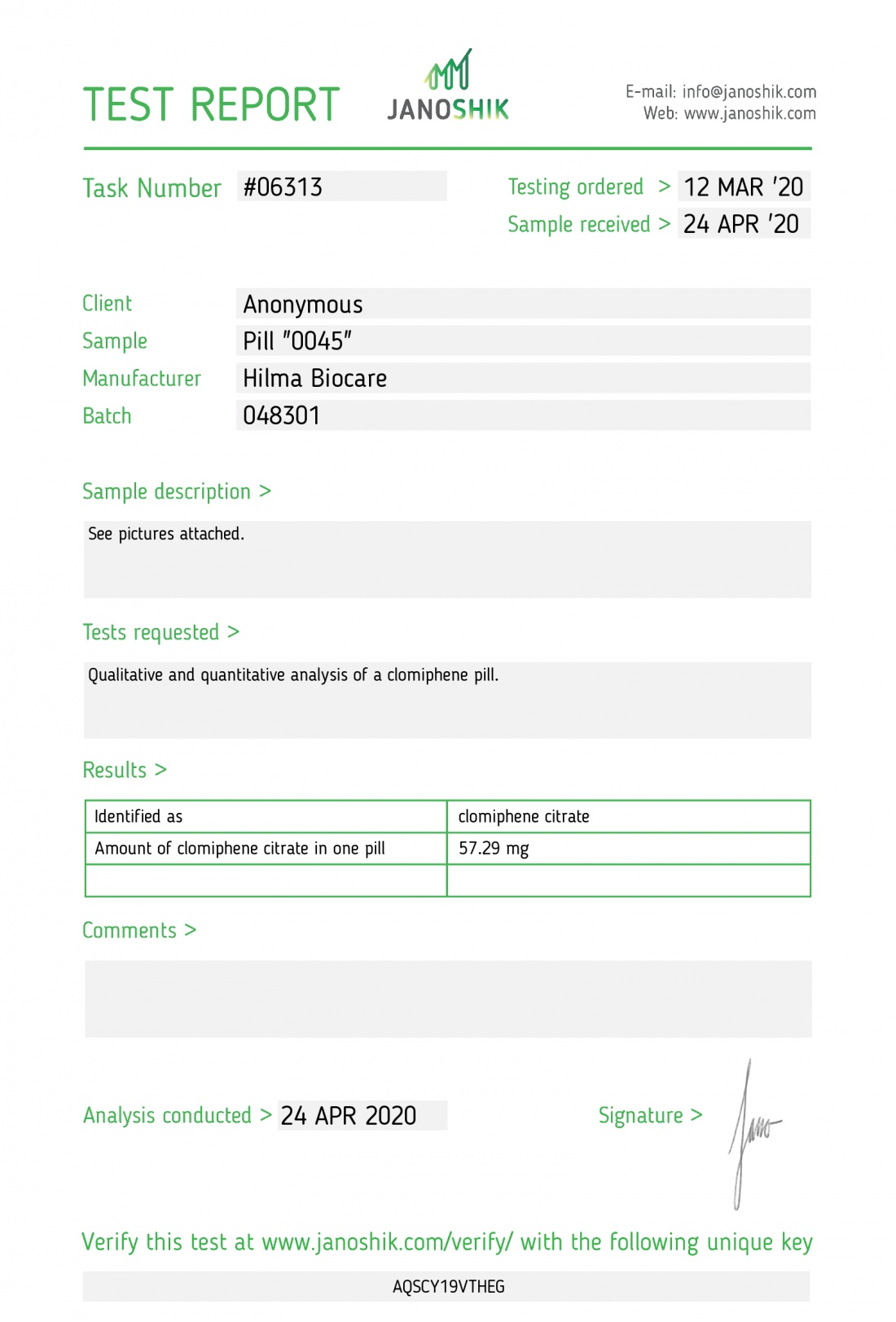 Clomiphene Citrate ( Clomid ) Manufacturer: Hilma Biocare Pack: 50 tabs/bottle ( 50mg/tab )