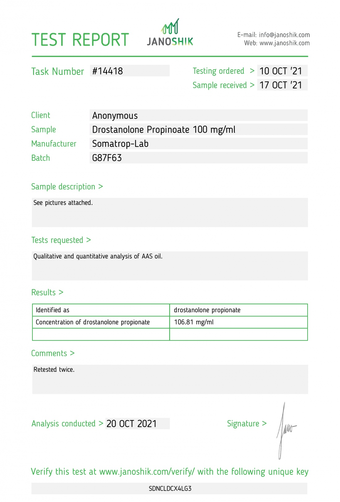 Drostanolone propionate ( Masteron ) Manufacturer: Somatrop-Lab Pack: 10 ml/vial ( 100 mg/ml )