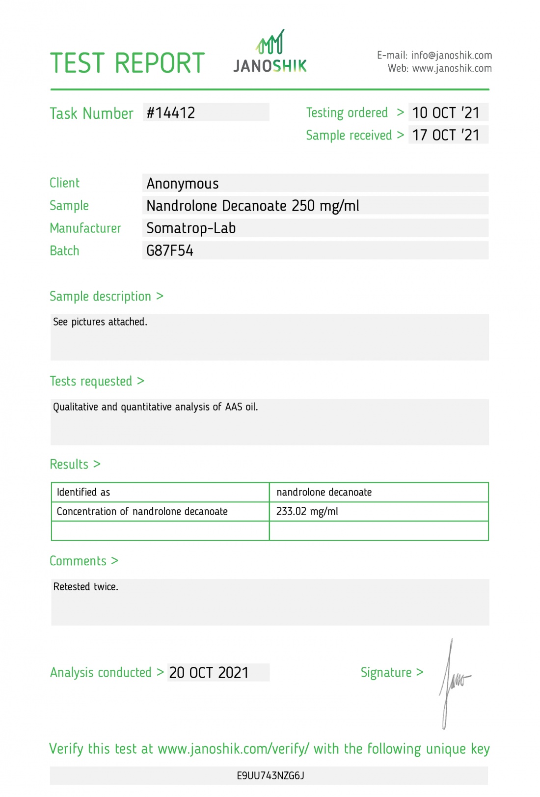 Nandrolone decanoate (Deca) Manufacturer: Somatrop-Lab Pack: 10 ml/vial ( 250 mg/ml )