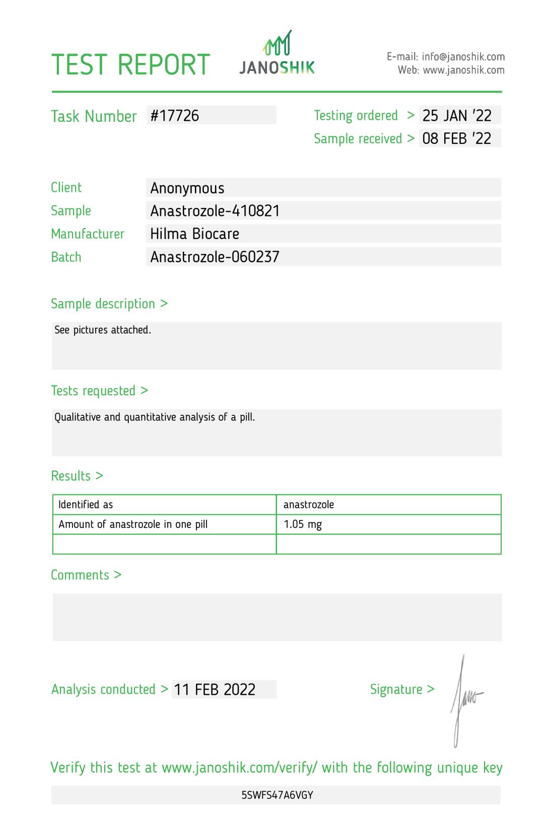 Anastrozole ( Arimidex ) Manufacturer: Hilma Biocare Pack: 50 tabs/bottle ( 1mg/tab )