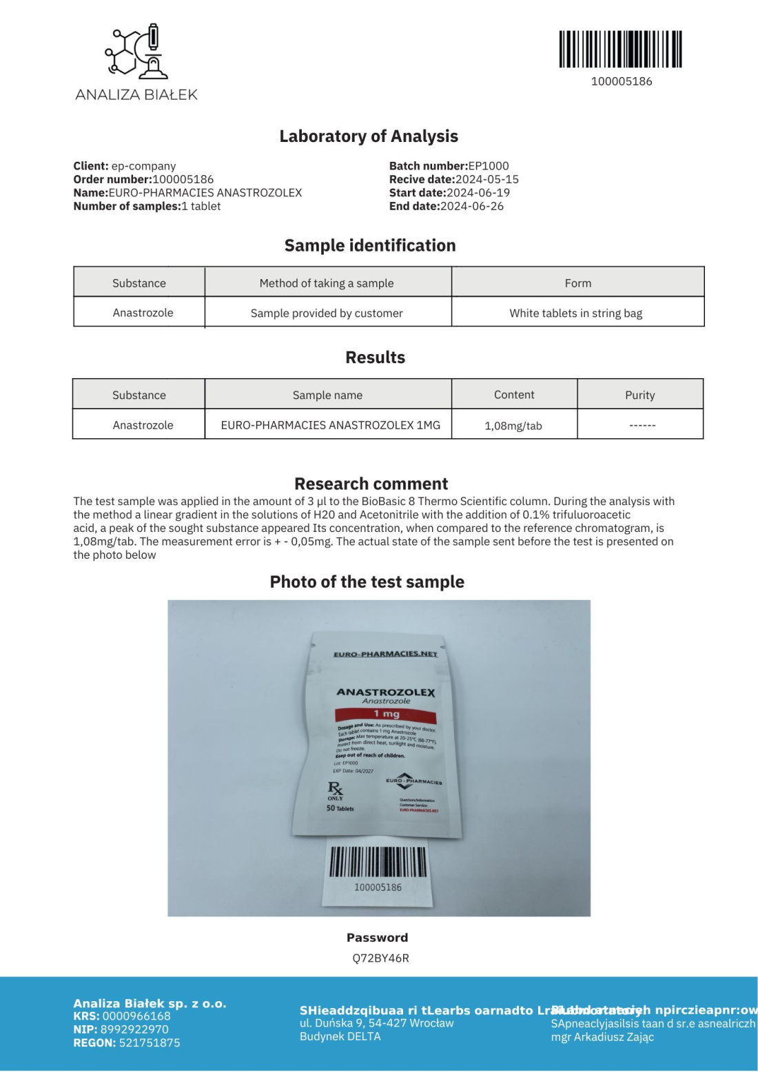 Anastrozolex ( Arimidex ) Manufacturer: Euro-Pharmacies Pack: 50 tabs/bag( 1mg/tab )